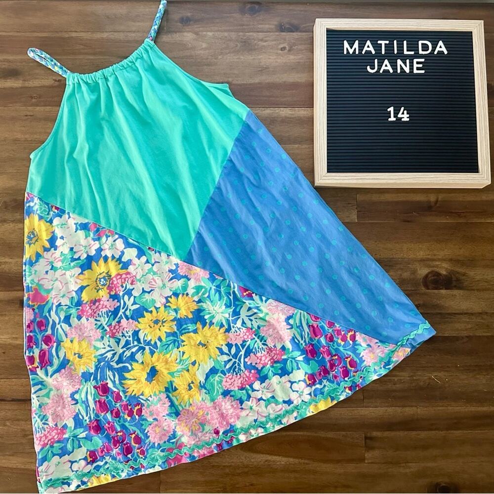Matilda Jane Dream Chasers Polka Dot Daisy Floral Sleeveless Dress Blue Green 14